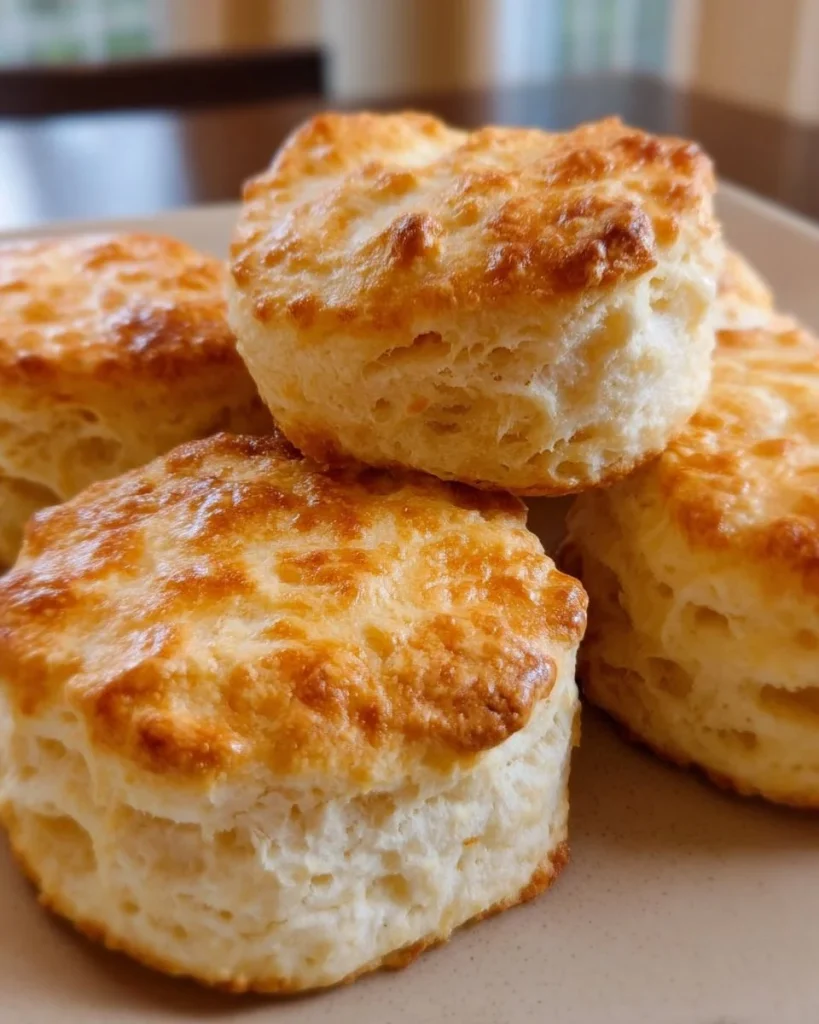 3 ingredient buttermilk biscuits fresh out of the oven on a rustic table.