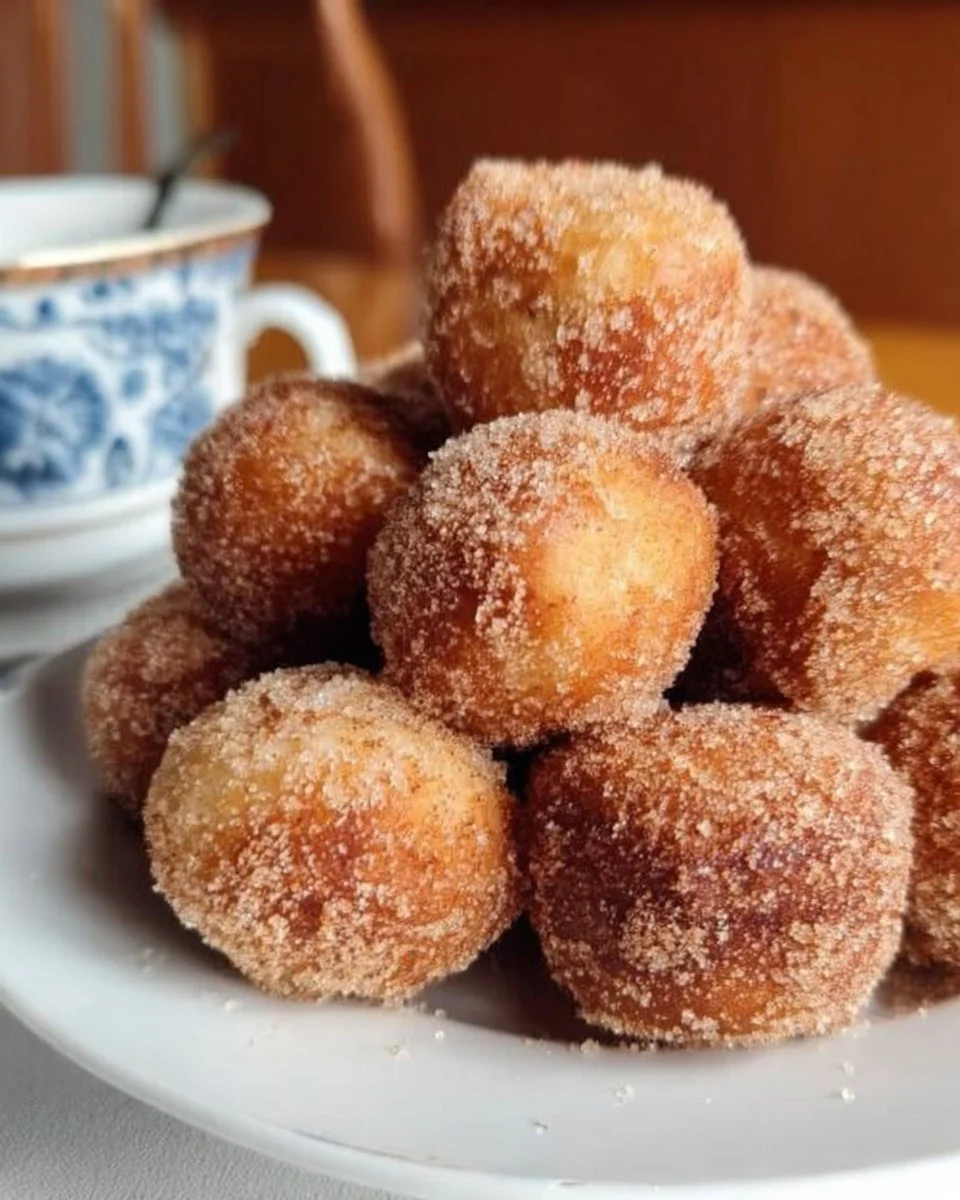 Delicious 3 ingredient cinnamon sugar donut holes on a plate