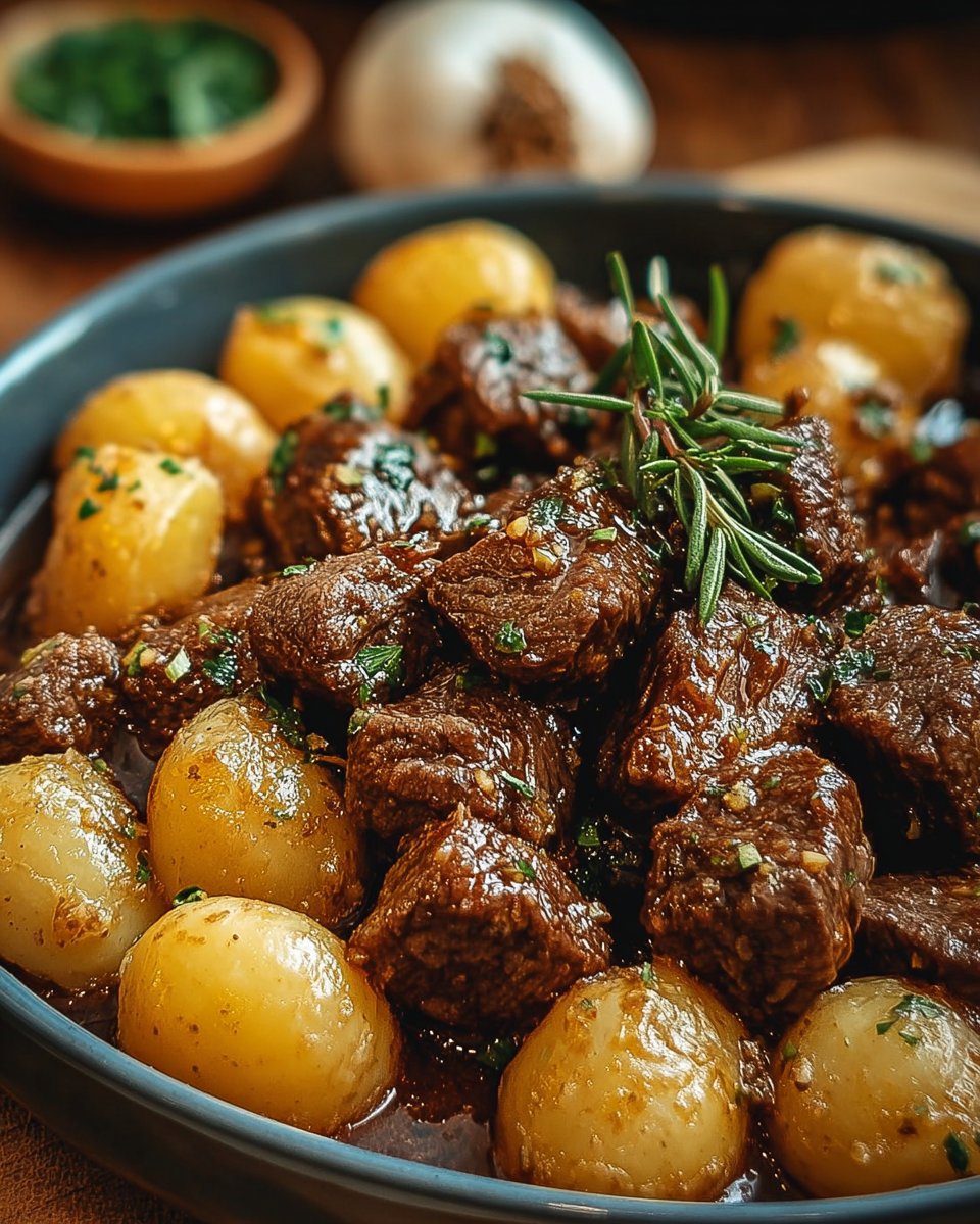 Slow Cooker Garlic Butter Beef Bites & Potatoes