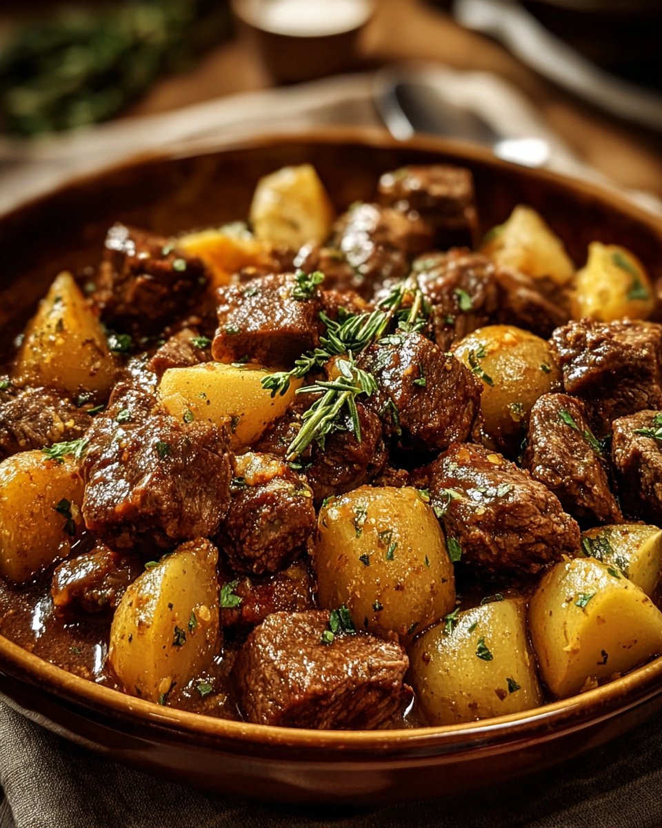 Slow Cooker Garlic Butter Beef Bites & Potatoes