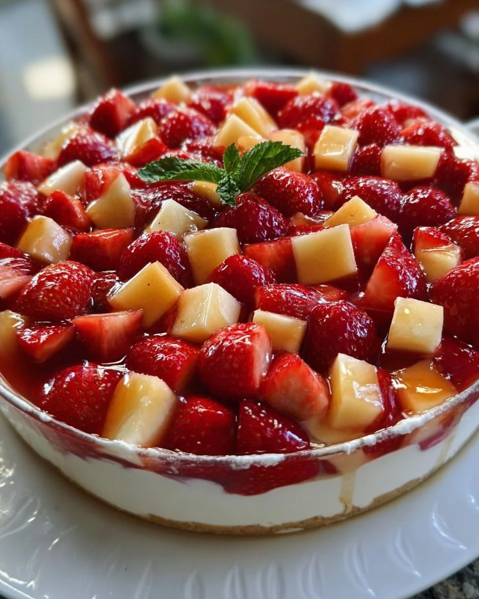 Delicious apple-strawberry cheesecake fruit salad served in a bowl