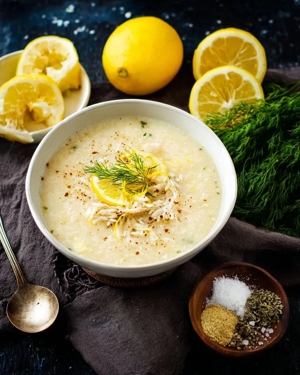 Bowl of Avgolemono Soup, a Greek chicken soup with lemon and herbs