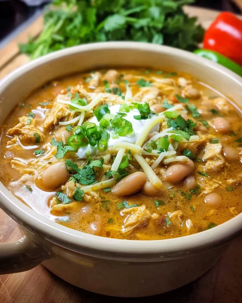 Bowl of award winning white chicken chili topped with cilantro and served with cornbread
