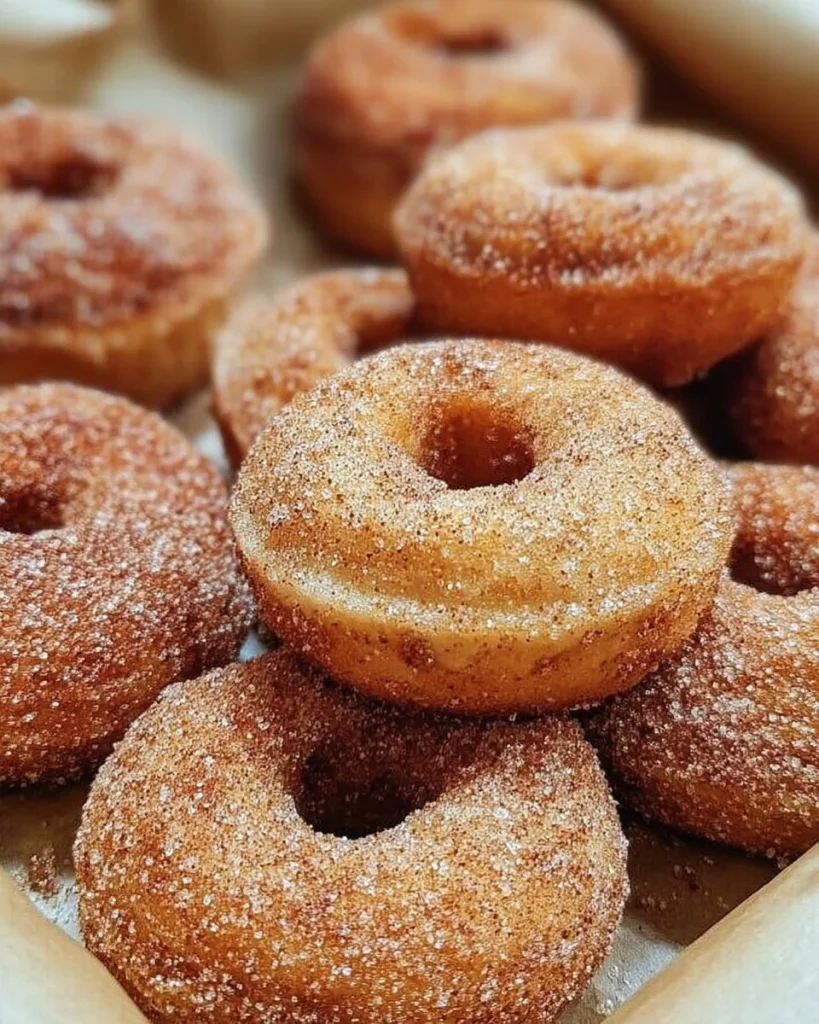 Baked cinnamon sugar mini donuts on a plate, perfect for dessert.
