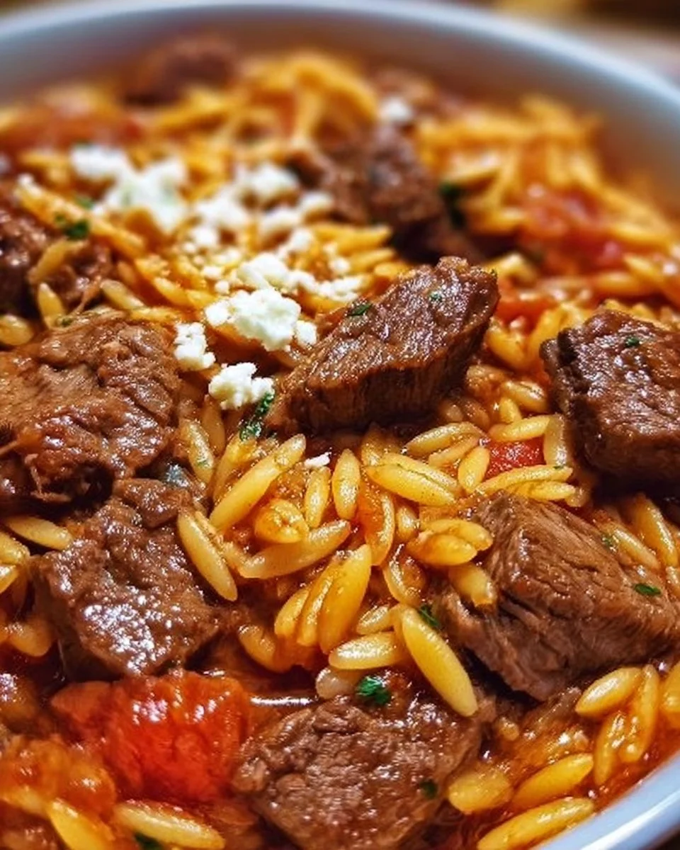 Delicious Beef Giouvetsi with tender meat and orzo in a rich sauce