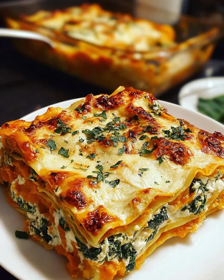 Delicious butternut squash and spinach lasagna served in a casserole dish.