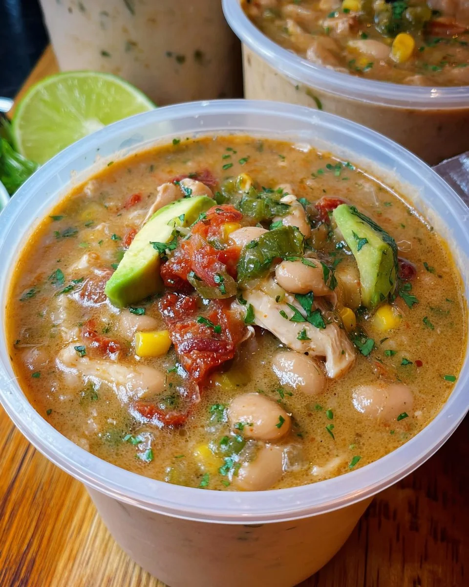 Bowl of delicious Cajun White Chicken Chili garnished with fresh herbs