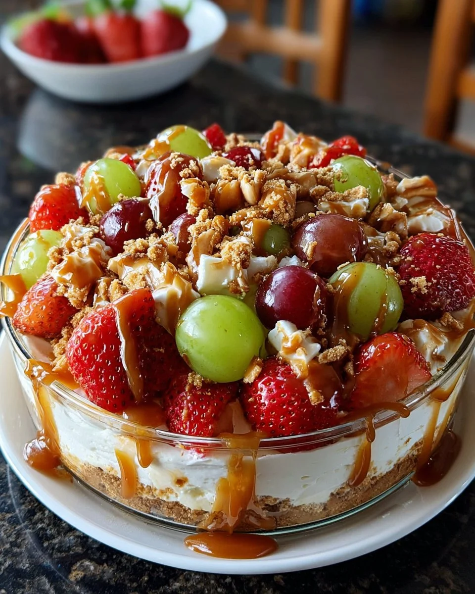 Delicious Caramel Crunch Cheesecake Fruit Salad topped with caramel drizzle.