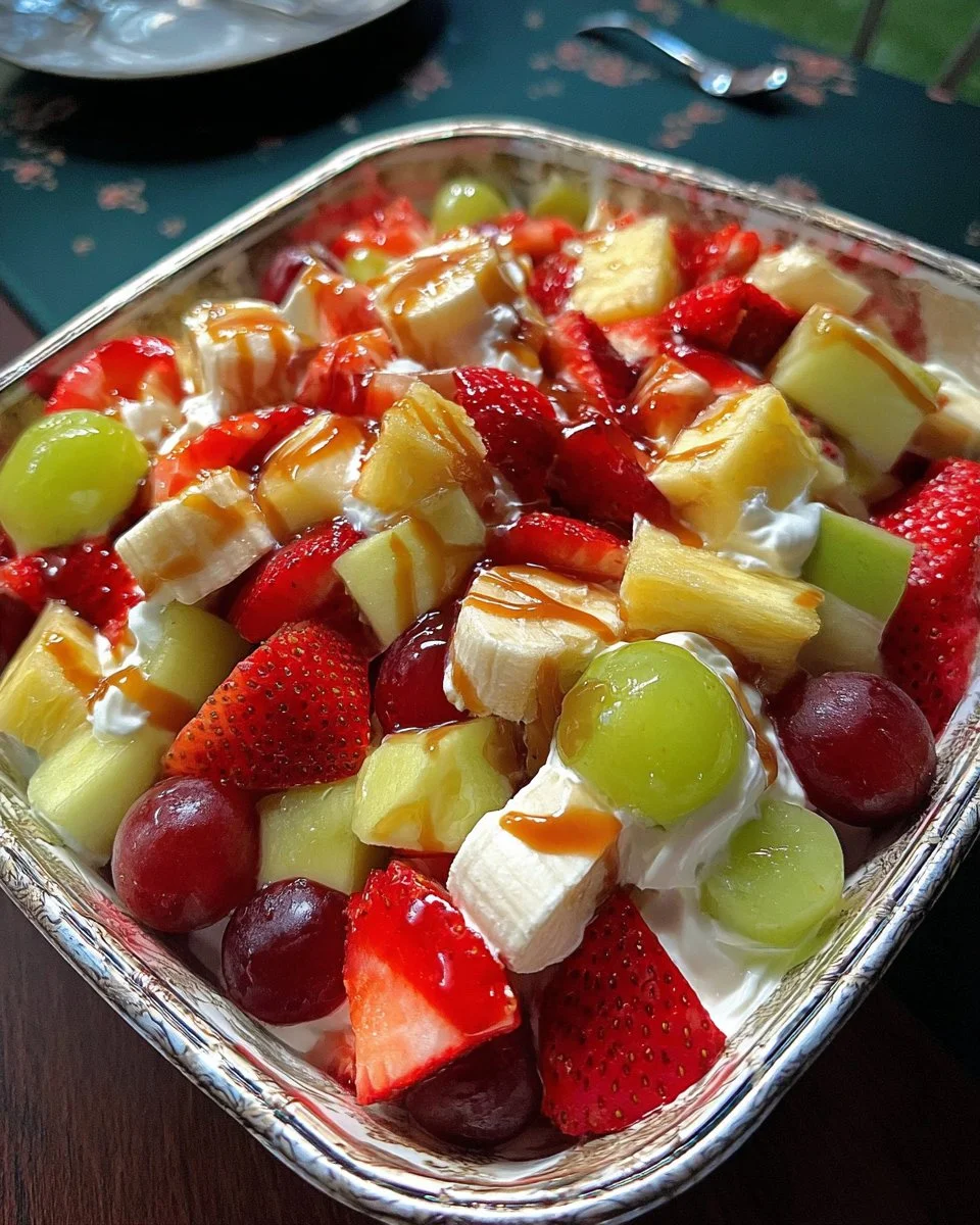 Delicious cheesecake fruit salad with fresh berries and creamy topping