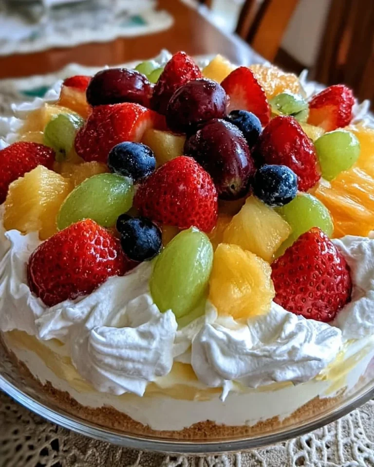 Delicious cheesecake fruit salad with fresh fruits and creamy cheesecake mix