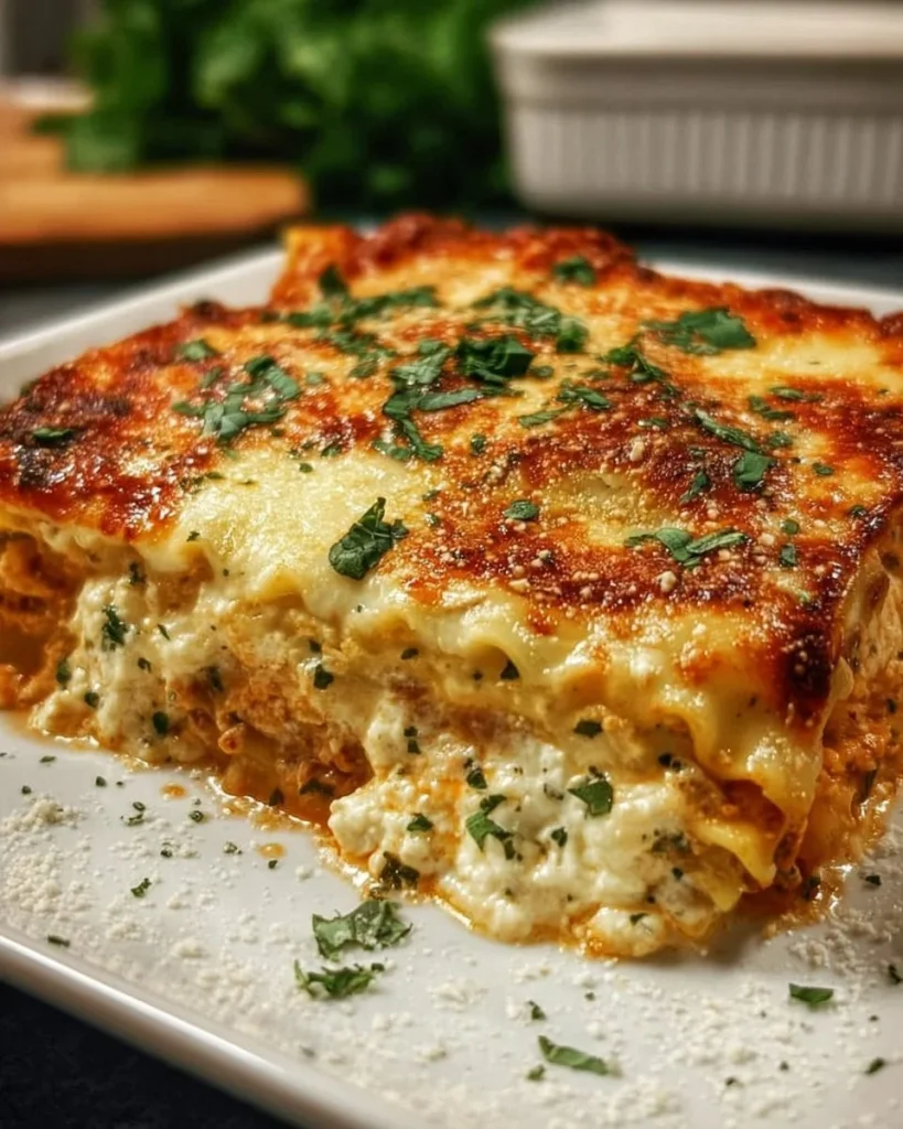 Cheesy lasagna chicken topped with melted cheese and herbs.