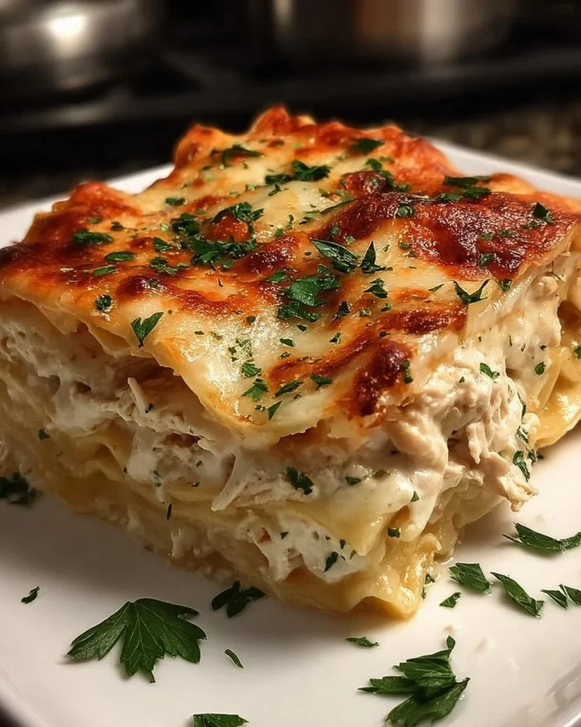 Delicious Chicken Alfredo Lasagna topped with cheesy goodness and herbs