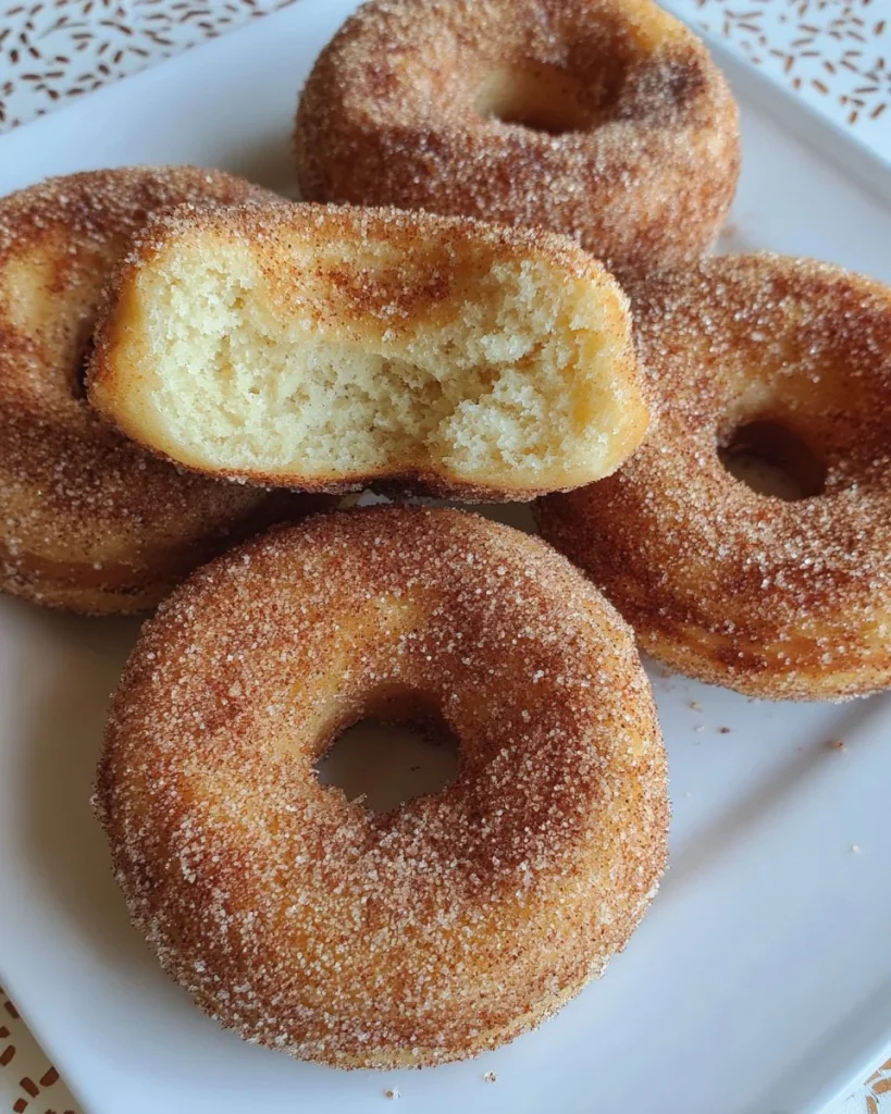 Freshly baked cinnamon sugar donuts sprinkled with cinnamon and sugar.