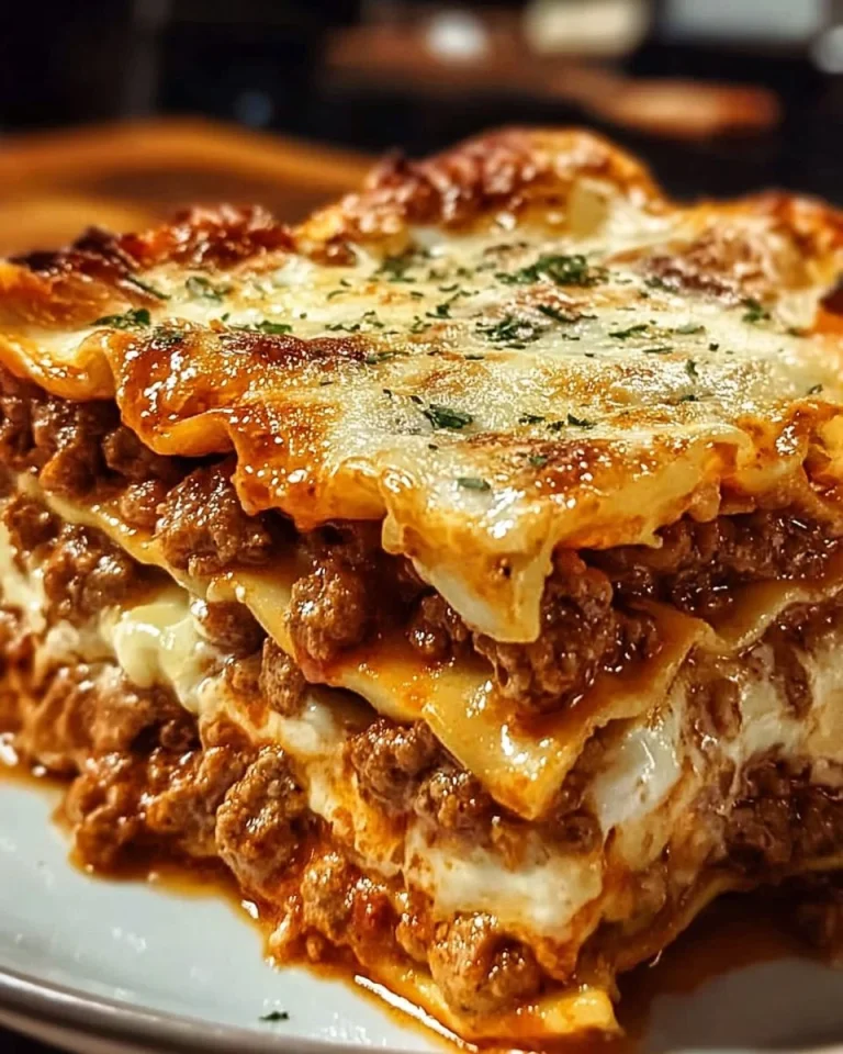 Delicious plate of classic homemade lasagna with rich layers of cheese and sauce