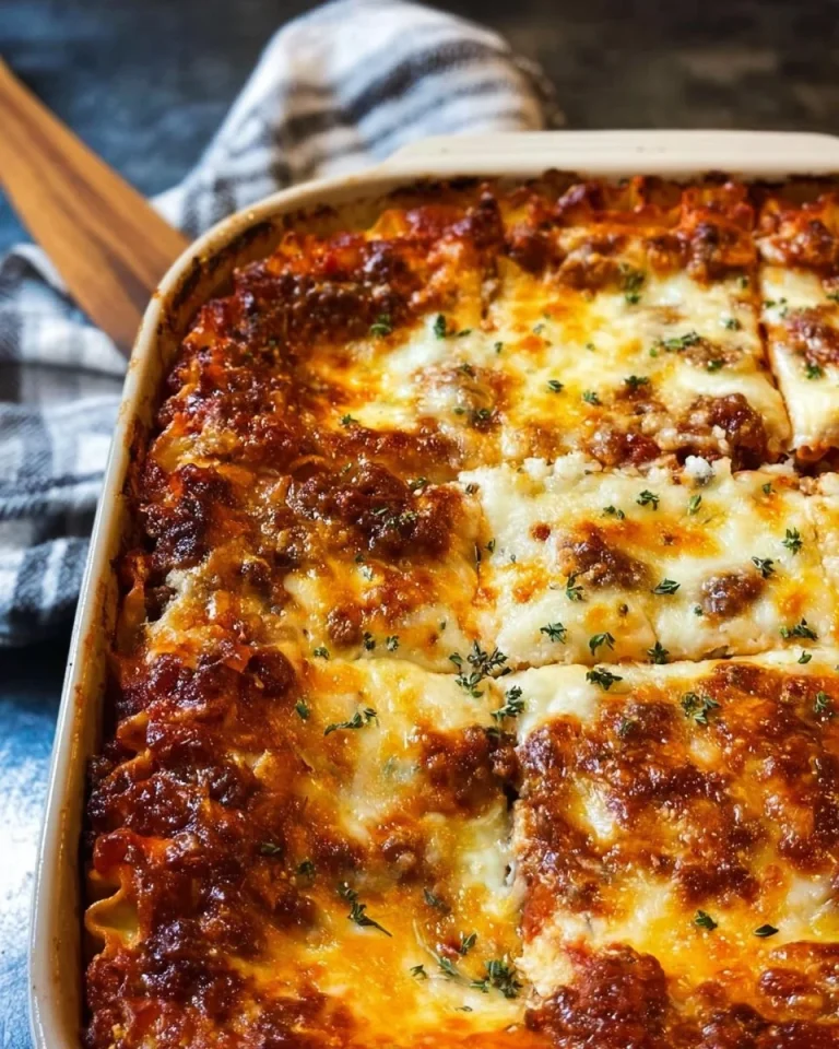 Delicious classic lasagna with layers of pasta, meat sauce, and melted cheese.