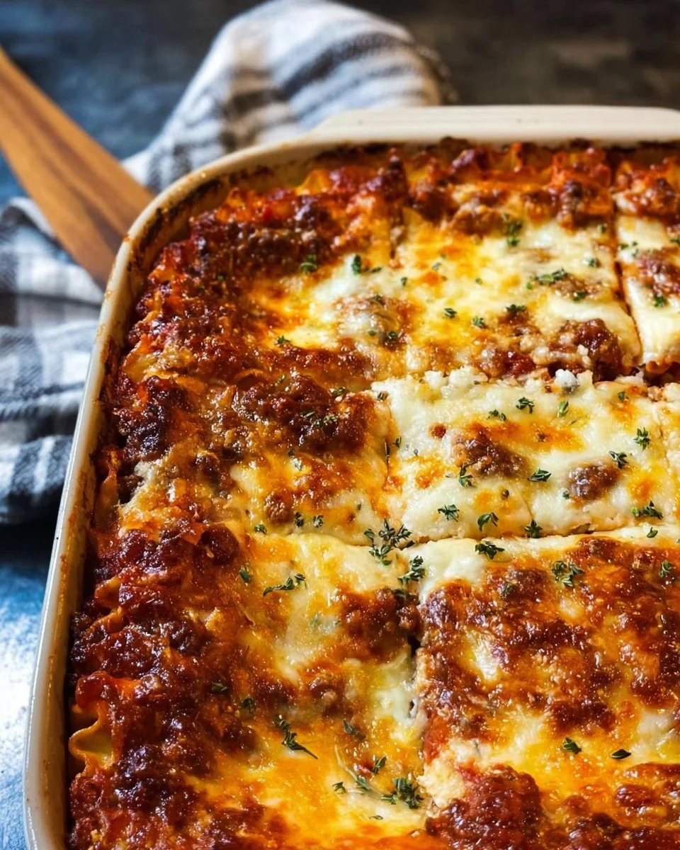 Delicious classic lasagna with layers of pasta, meat sauce, and melted cheese.