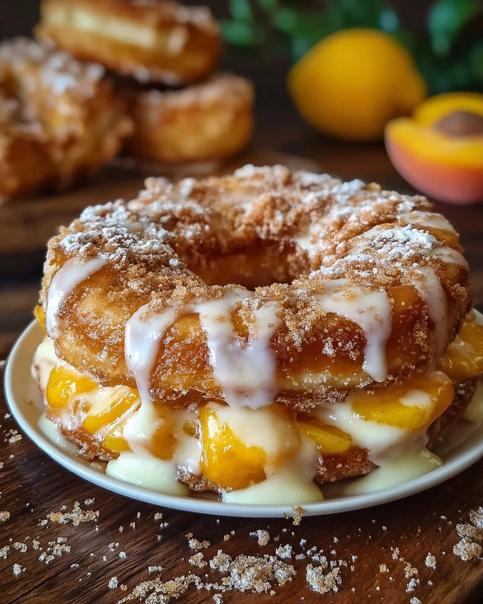 Delicious Classic Peach Cobbler Cheesecake Donuts on a plate