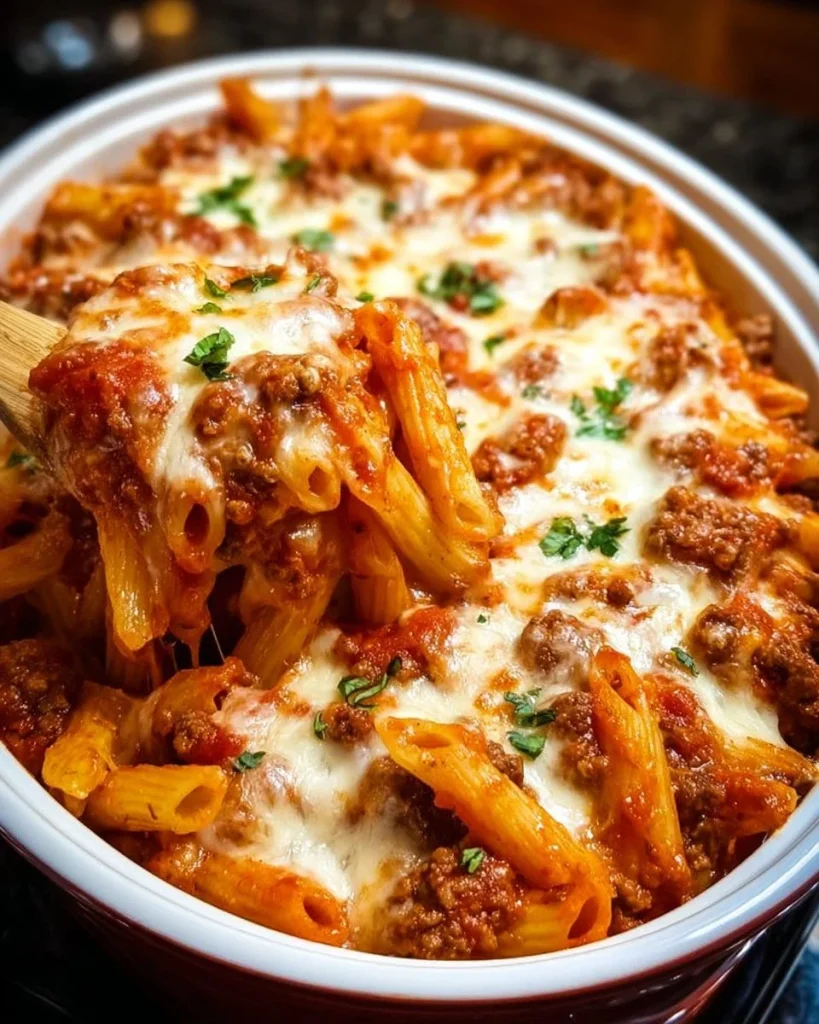 Delicious slow cooker baked ziti topped with melted cheese and fresh herbs