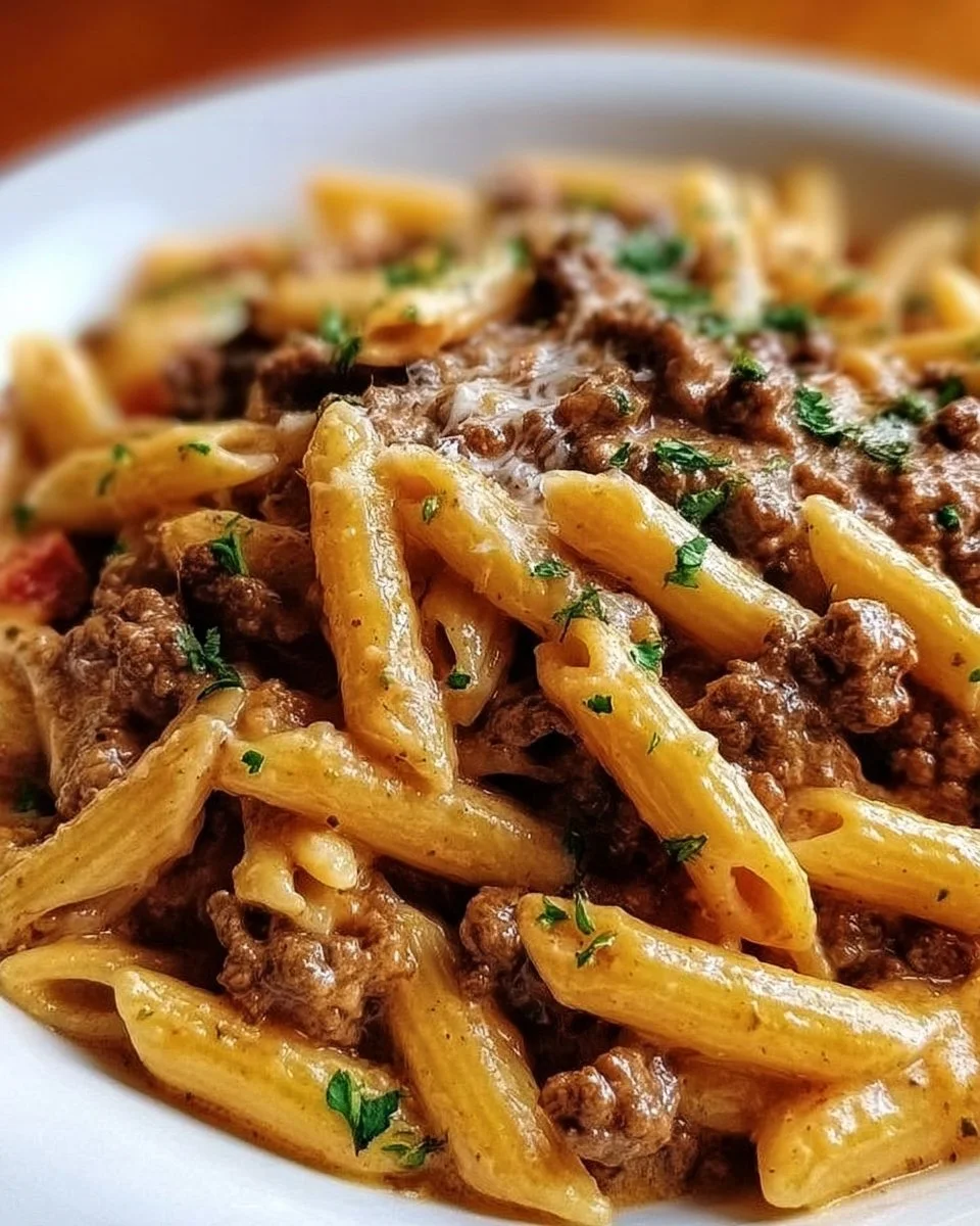Creamy beef pasta in a bowl with herbs and cheese topping