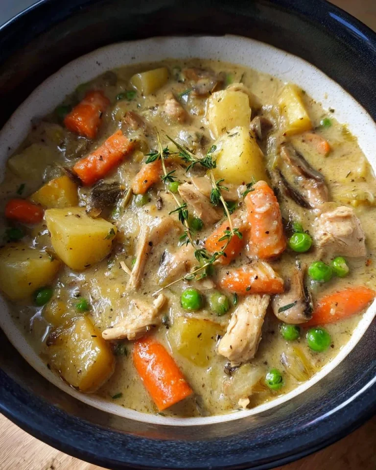 Creamy chicken stew without cream featuring vegetables and spices in a bowl.