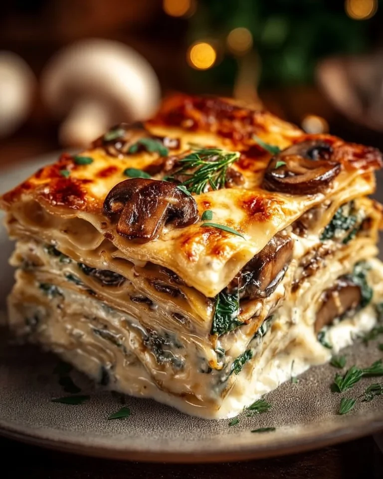Creamy spinach and mushroom lasagna served on a plate, garnished with herbs