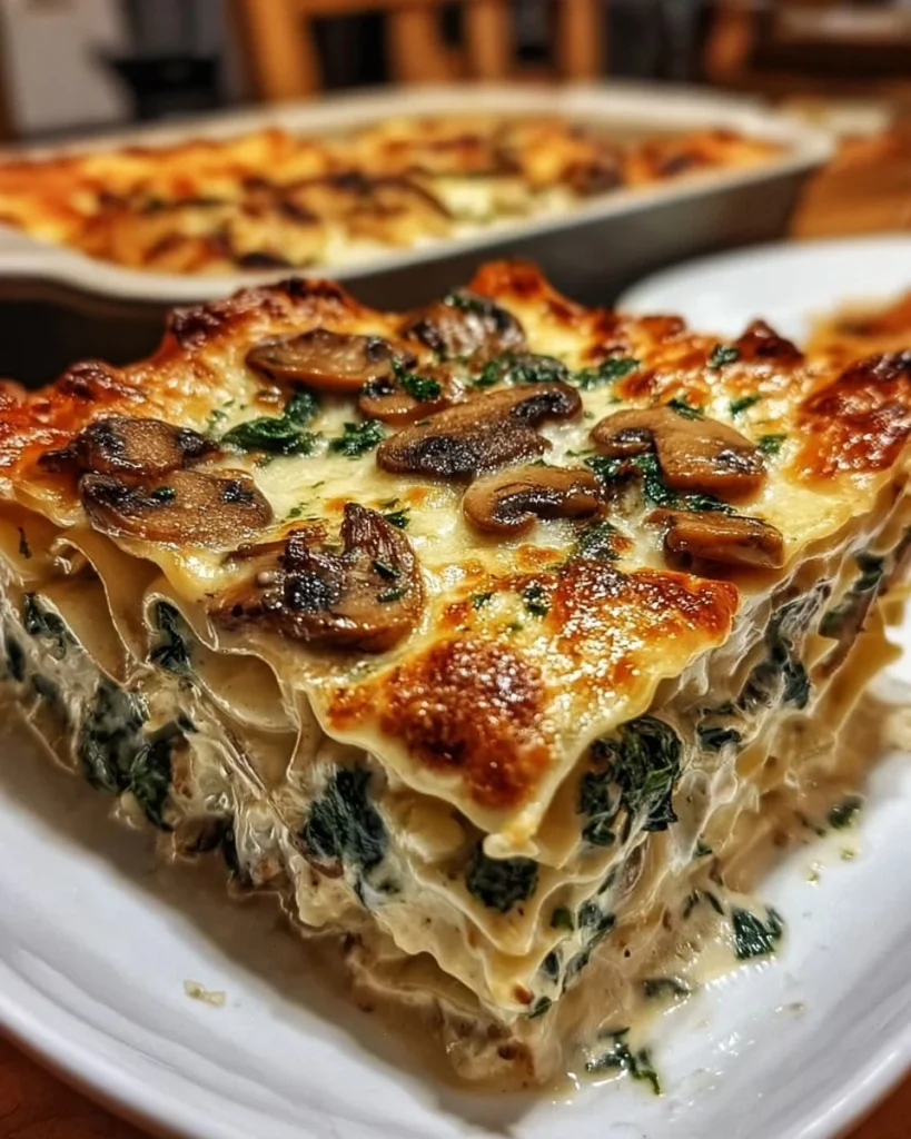 Creamy spinach mushroom lasagna baked with layers of cheese and fresh ingredients