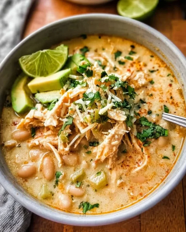 Bowl of creamy white chicken chili topped with cilantro and cheese