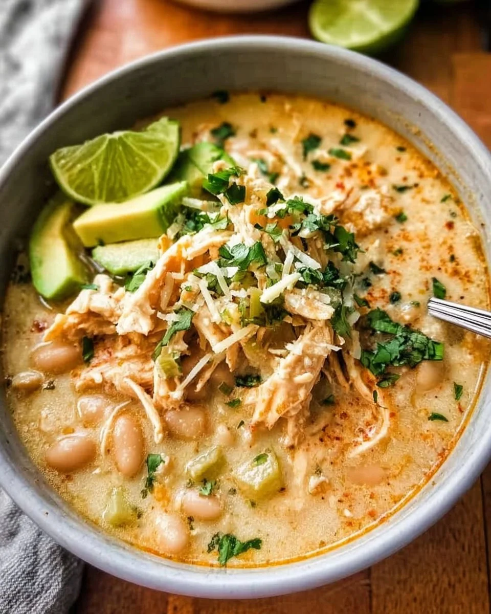 Bowl of creamy white chicken chili topped with cilantro and cheese