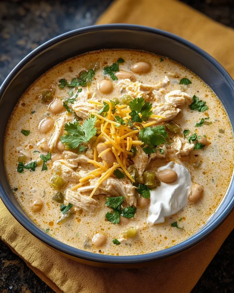 Creamy white chicken chili served in a bowl with toppings
