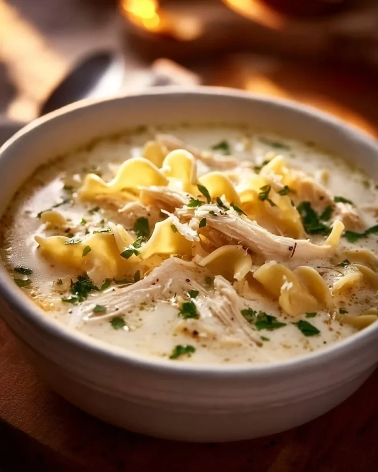 Creamy White Chicken Lasagna Soup in a bowl with fresh herbs garnish