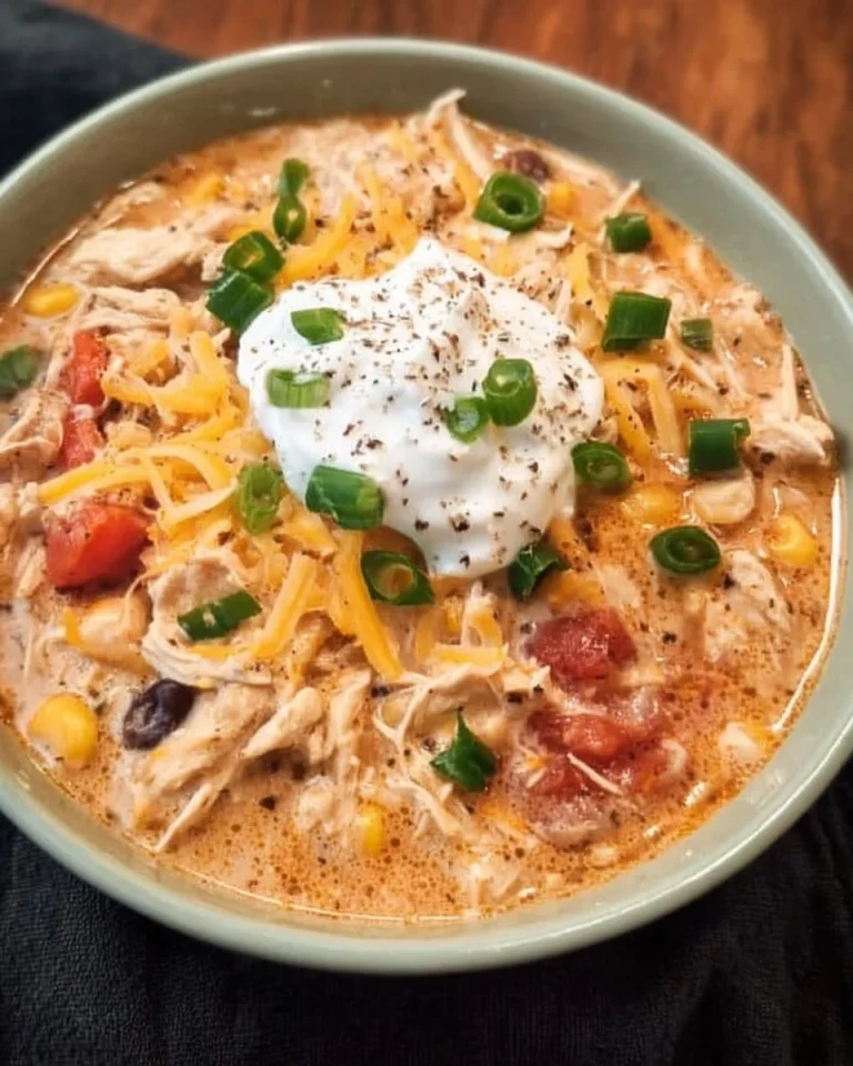 Delicious bowl of Crock Pot Cream Cheese Chicken Chili topped with cheese and cilantro