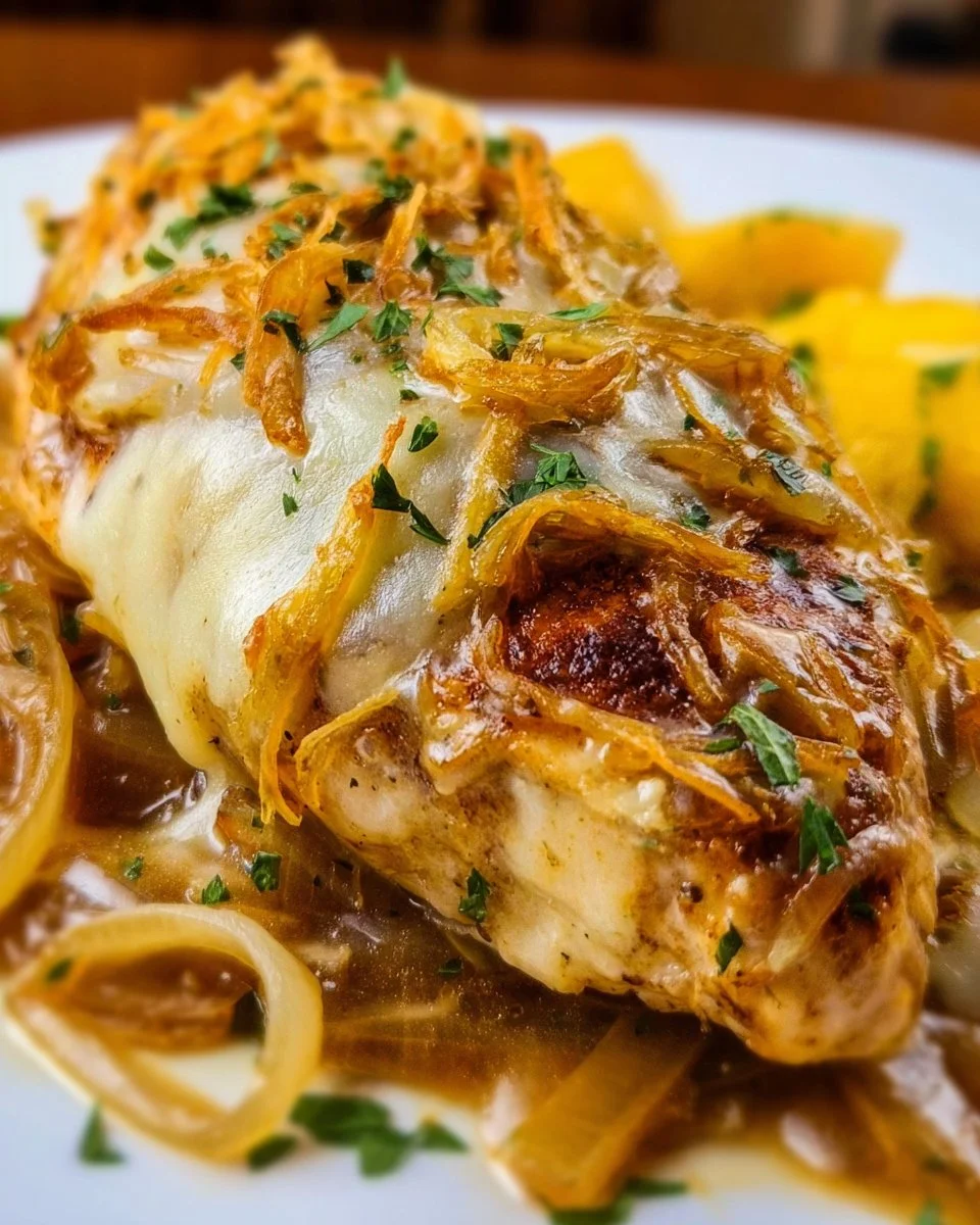 Delicious Crock Pot French Onion Chicken served with melted cheese and caramelized onions