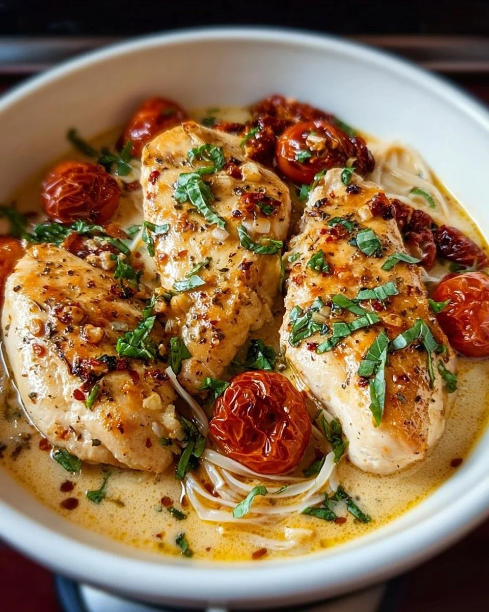 Creamy Crock Pot Marry Me Chicken served on a plate with herbs and side vegetables