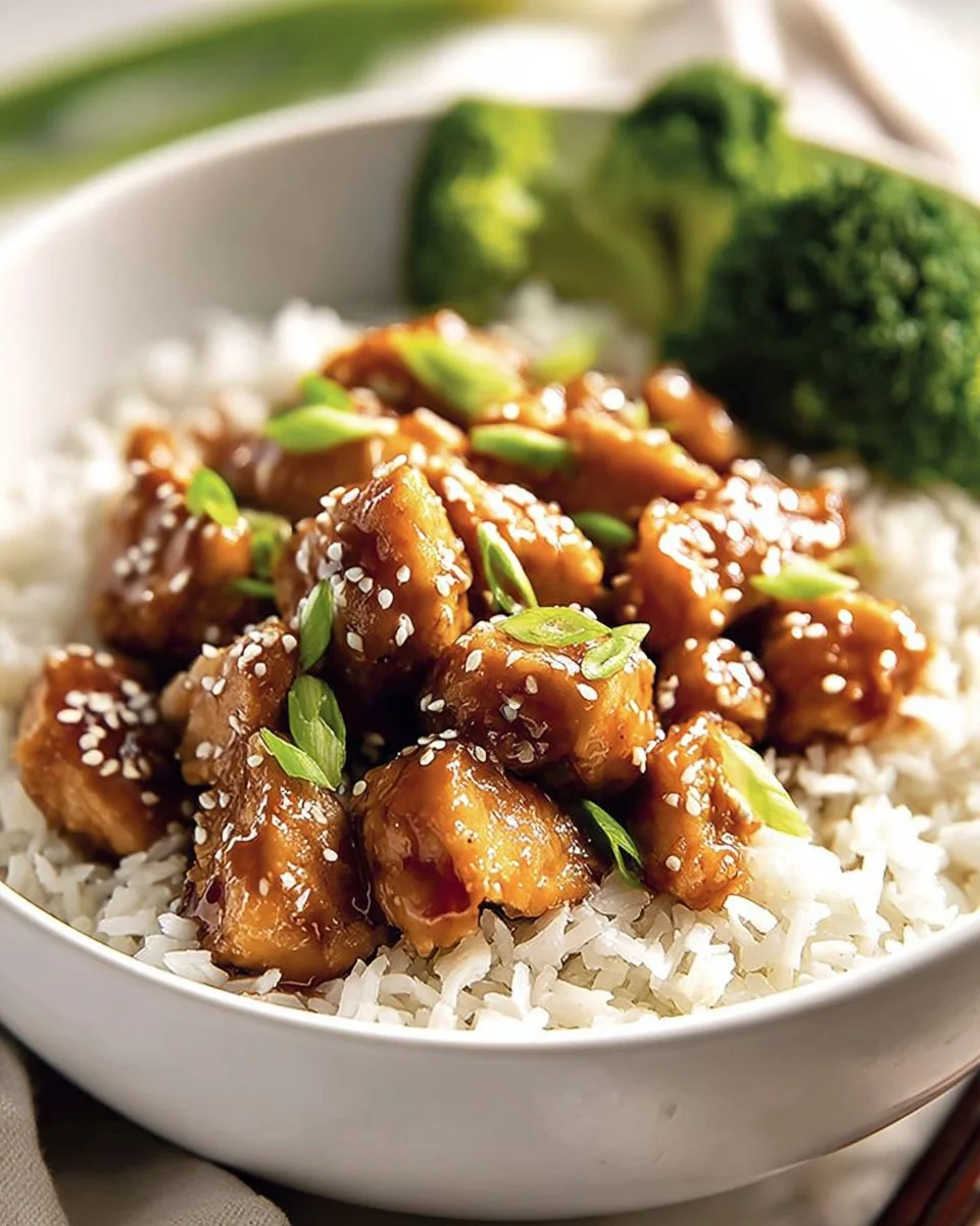 Crock Pot Sesame Chicken served with rice and garnished with sesame seeds
