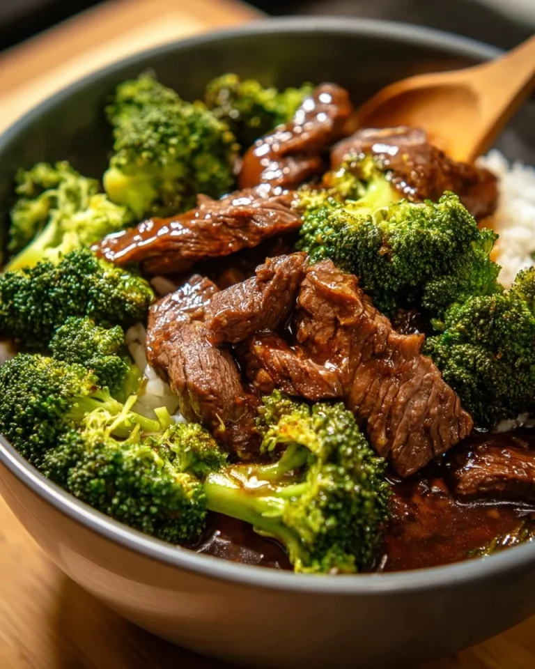 Crockpot Beef and Broccoli served on a plate with rice.
