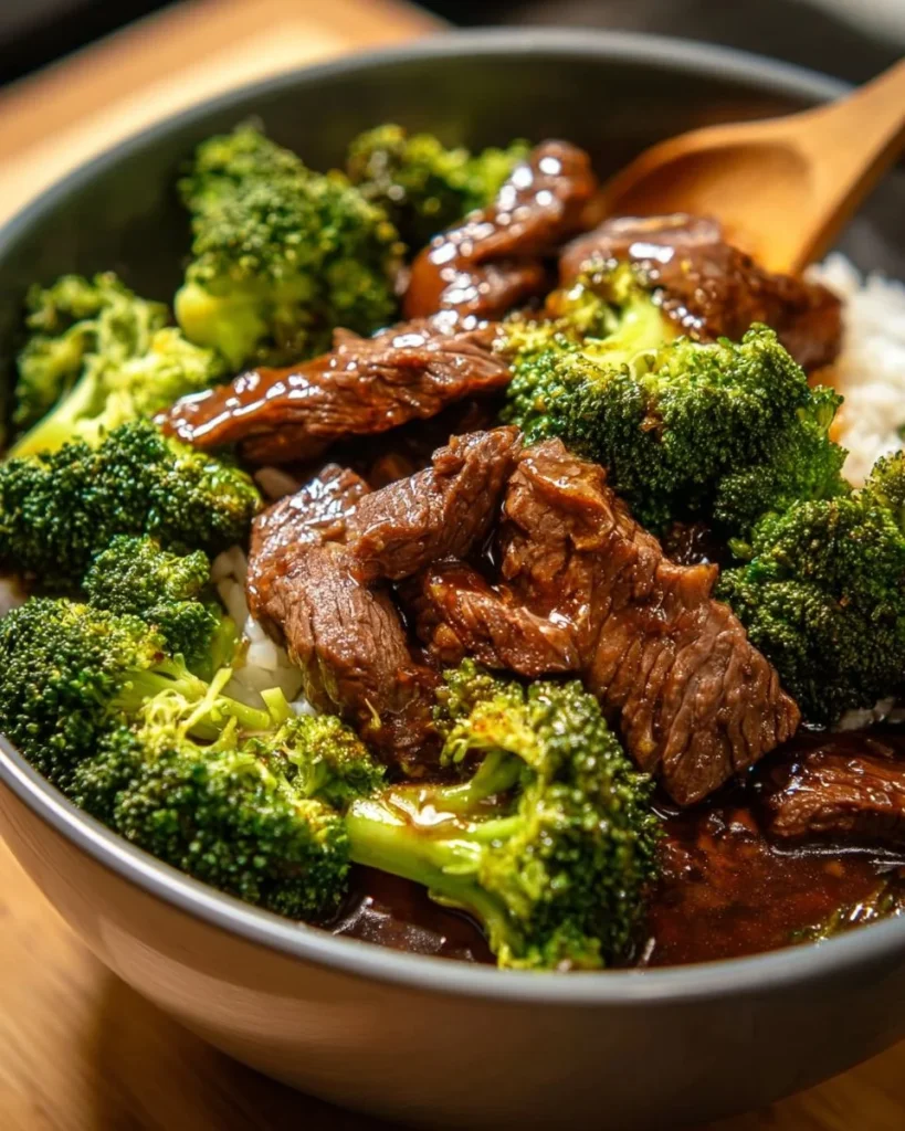 Crockpot Beef and Broccoli served on a plate with rice.