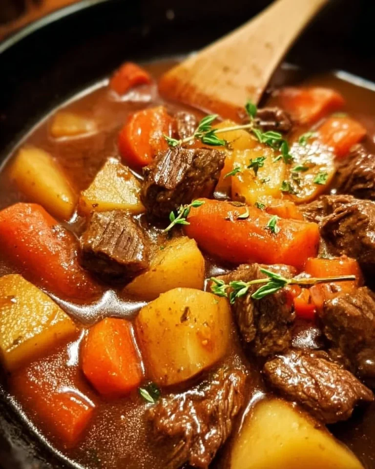 Delicious crockpot beef stew served in a rustic bowl with vegetables.