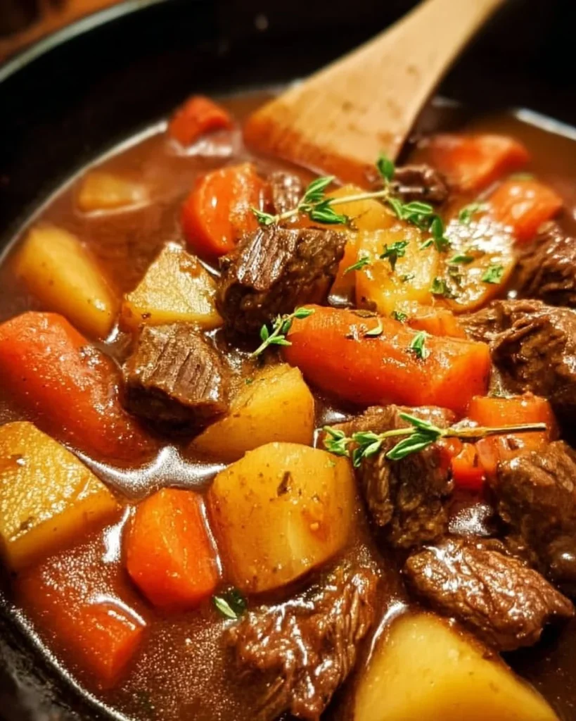 Delicious crockpot beef stew served in a rustic bowl with vegetables.