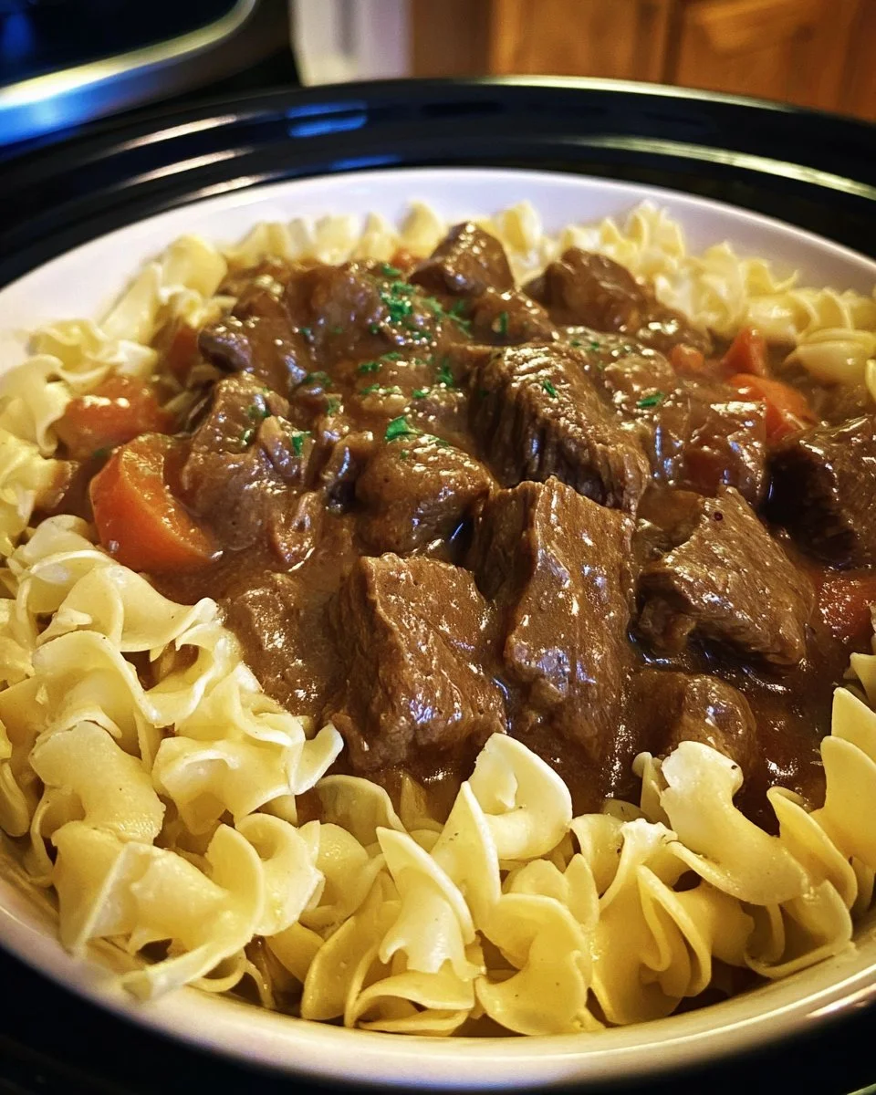 Crockpot beef tips and noodles served with fresh herbs and vegetables.