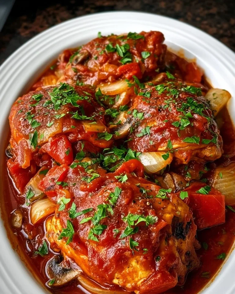 Crockpot Chicken Cacciatore served in a bowl with fresh herbs