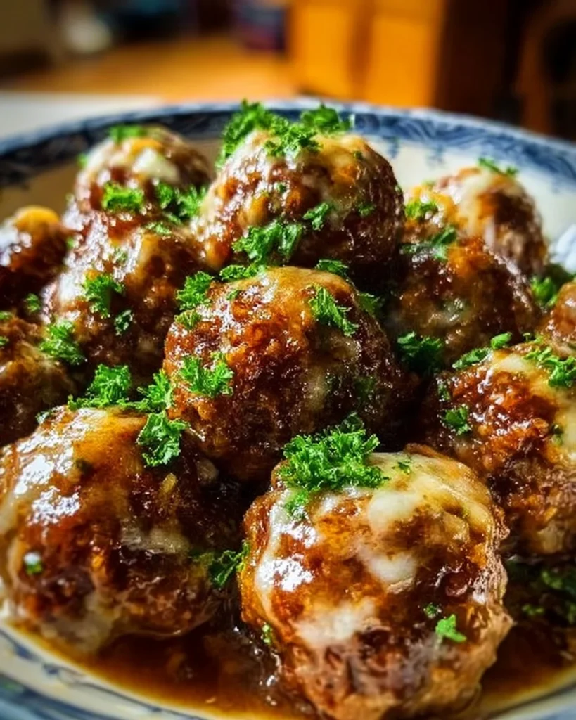 Crockpot French Onion Meatballs served with melted cheese and caramelized onions