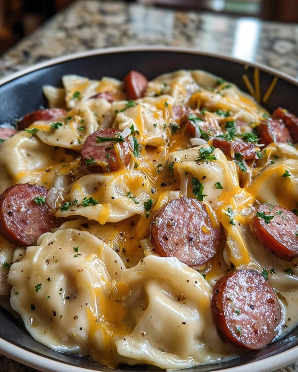 Delicious Crockpot Pierogi Casserole with Kielbasa served in a bowl
