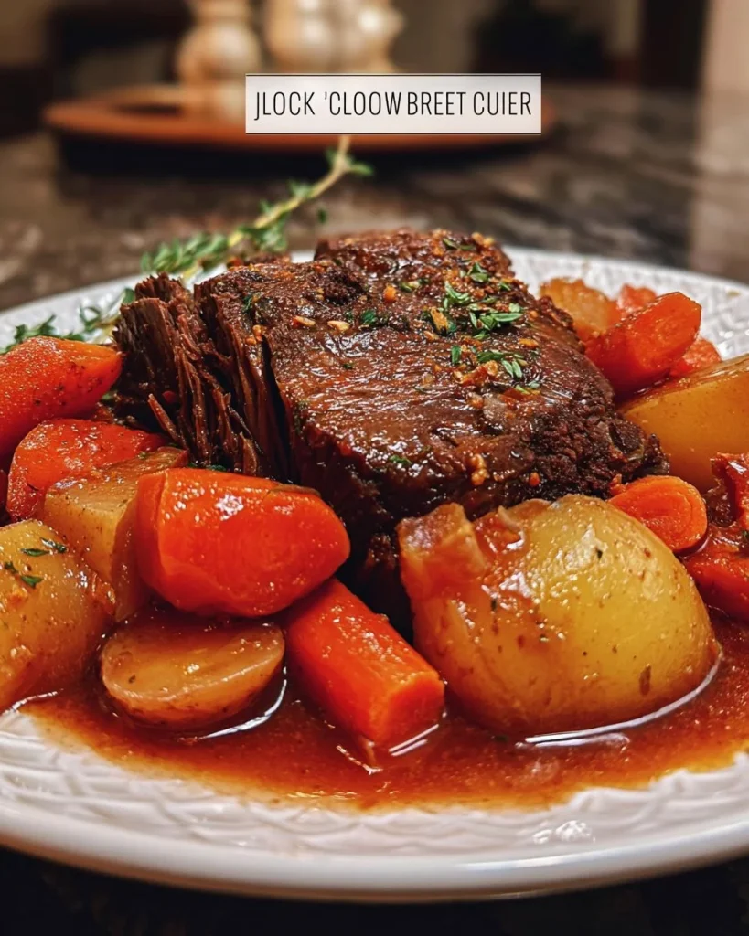 Tender slow cooker roast beef with herbs and spices for a hearty meal.