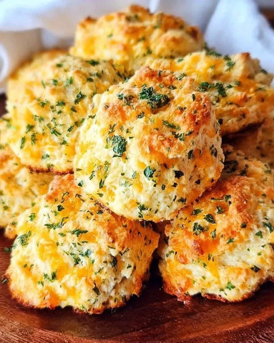 Freshly baked easy cheesy garlic biscuits on a wooden table