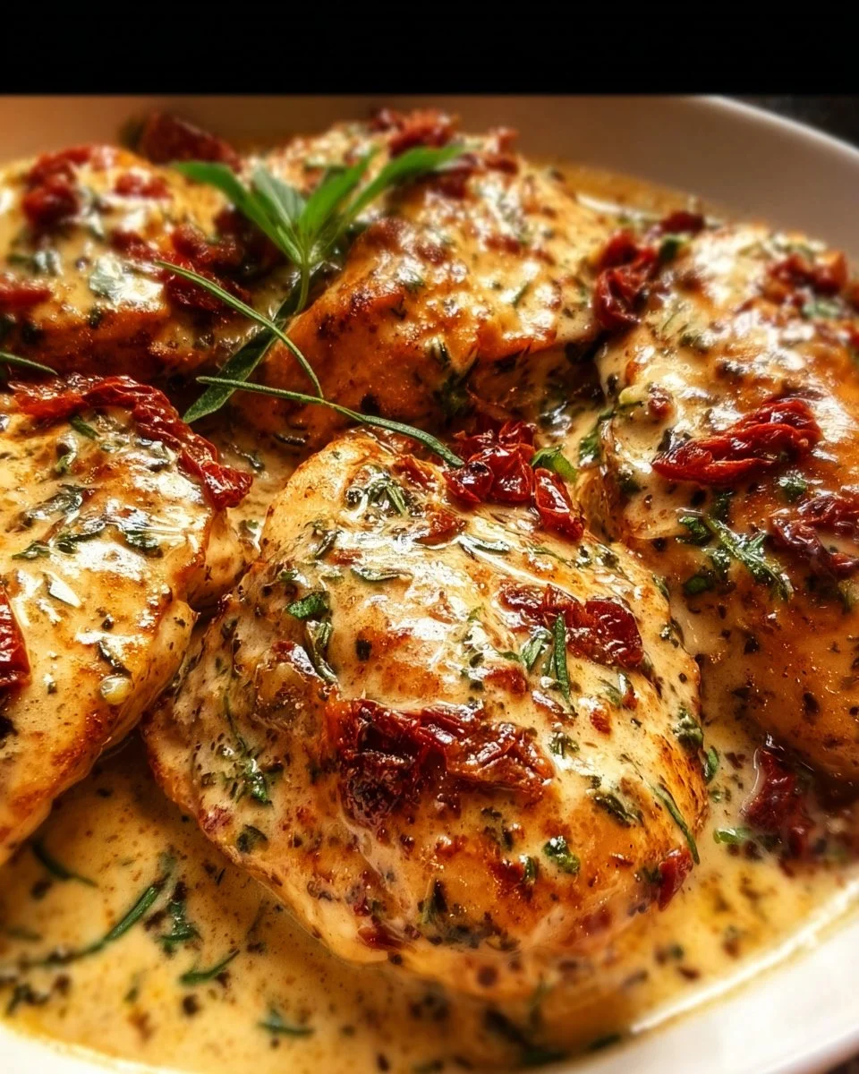 Delicious Marry Me Chicken served on a plate with herbs and garnish.