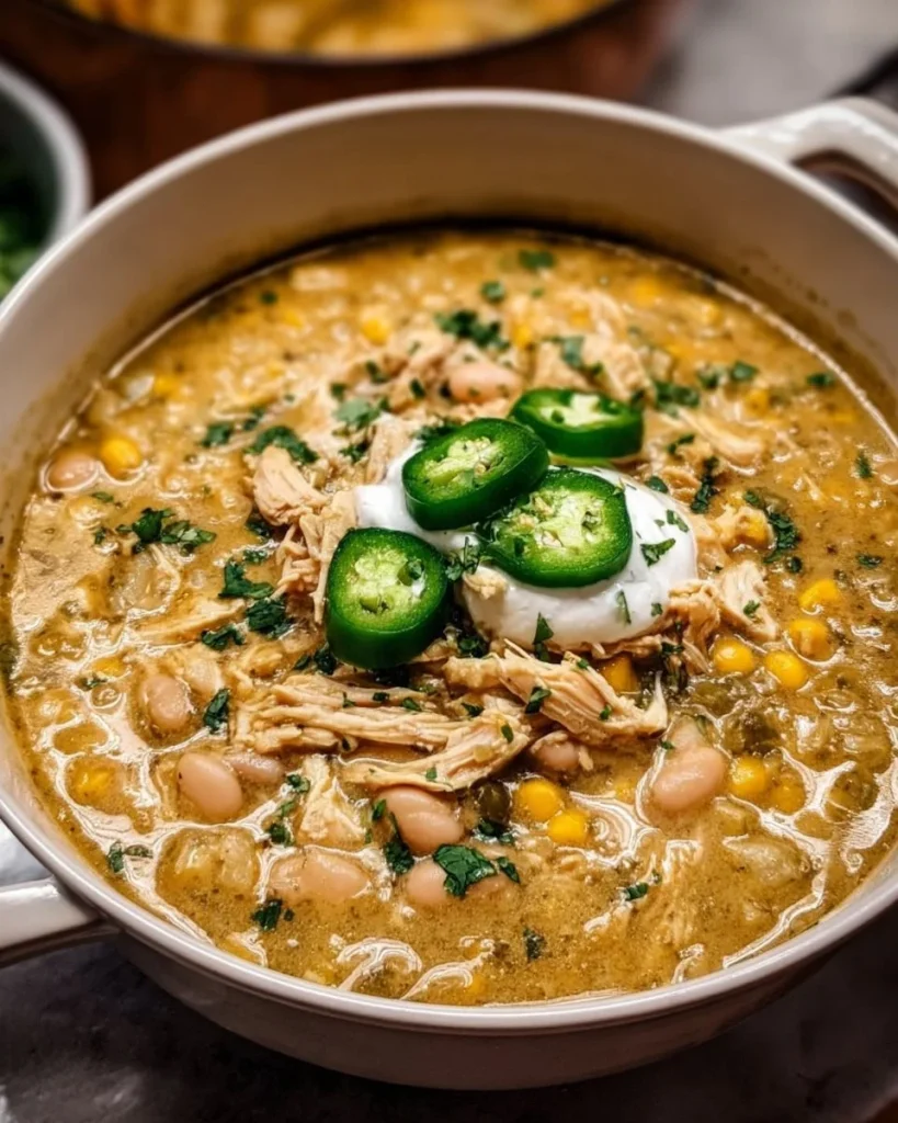 Bowl of easy white chicken chili topped with avocado and cilantro
