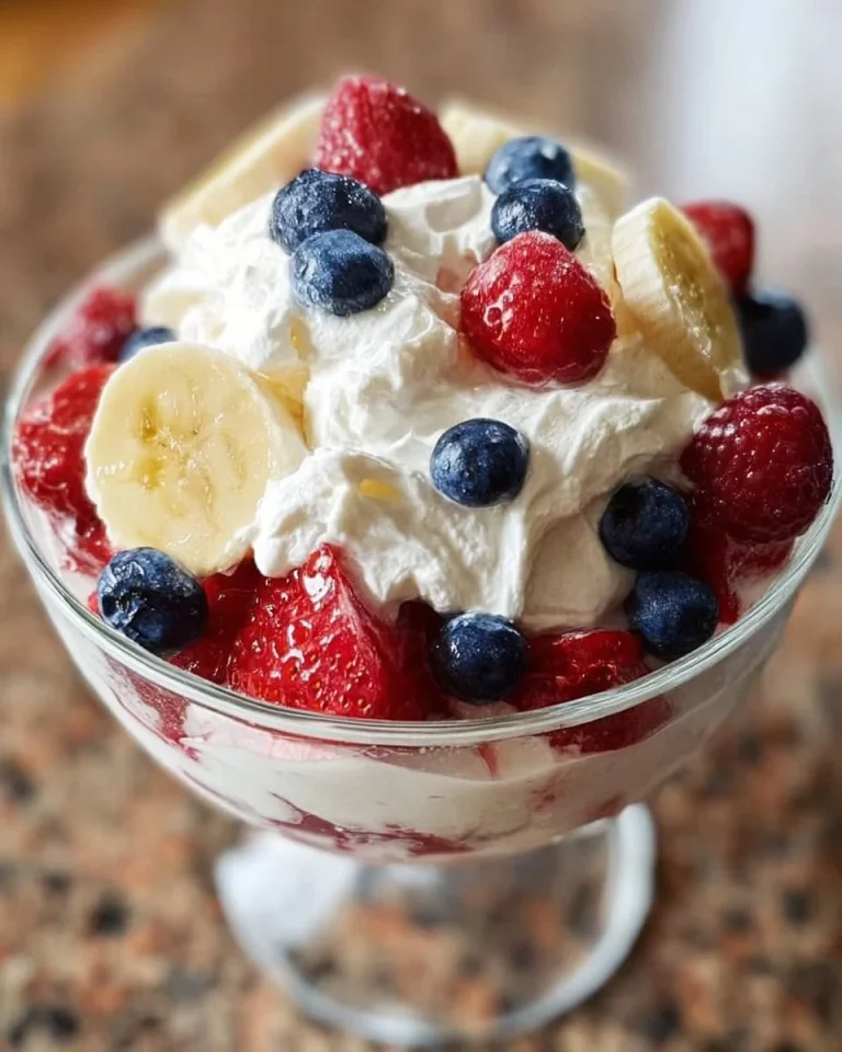 Colorful fruit salad featuring cheesecake flavors, perfect for a delightful dessert.