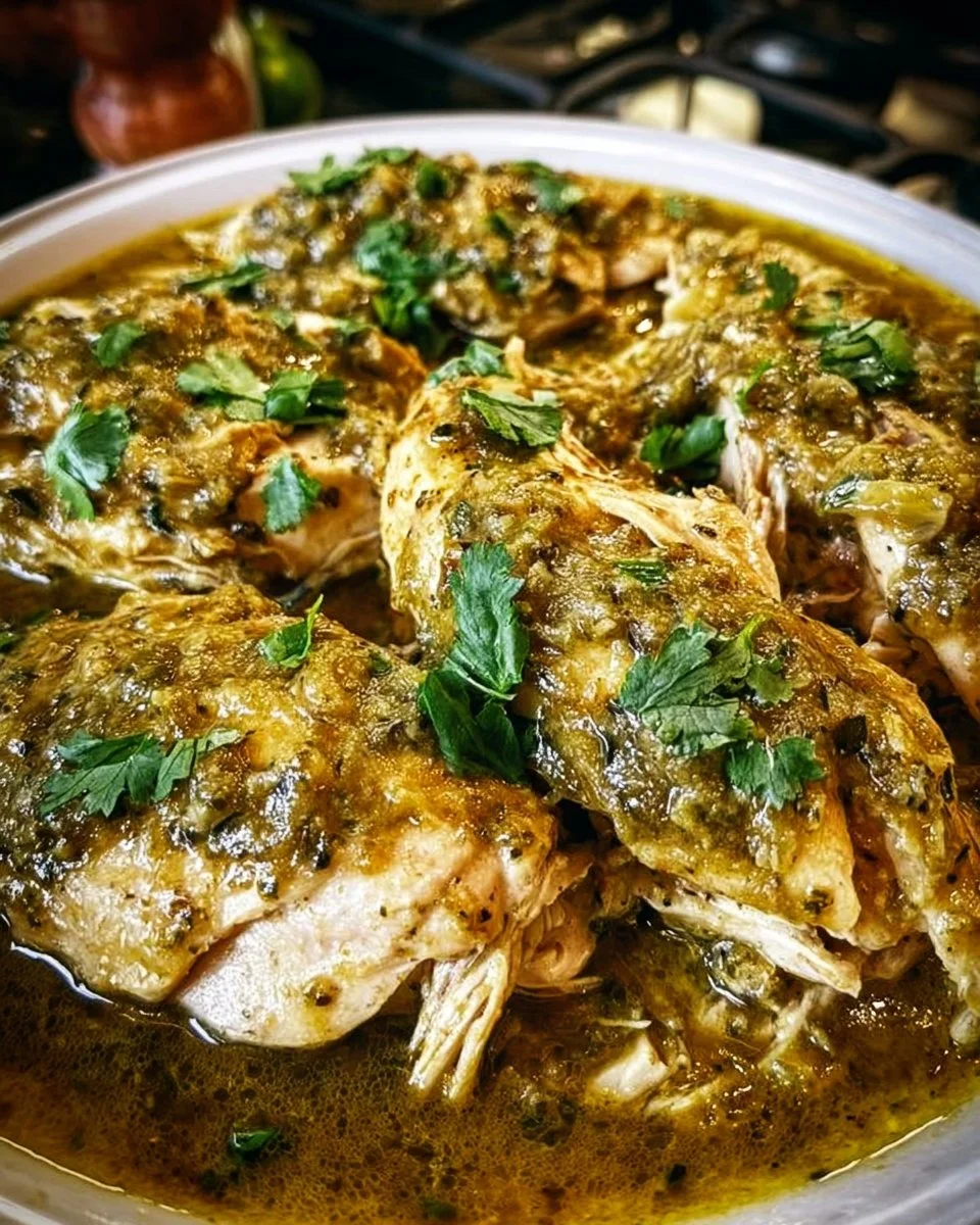 Crockpot green salsa chicken ready to serve in a bowl