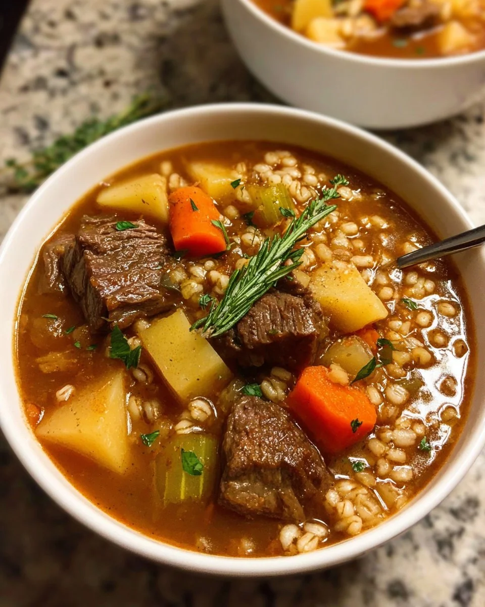 Bowl of hearty crockpot beef and barley soup garnished with herbs.
