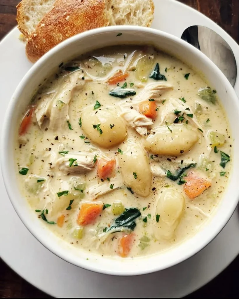 Bowl of homemade Chicken Gnocchi Soup with vegetables and herbs